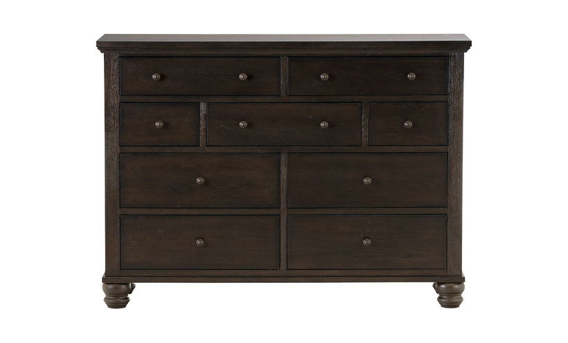 Dark wood dresser with multiple drawers on a white background